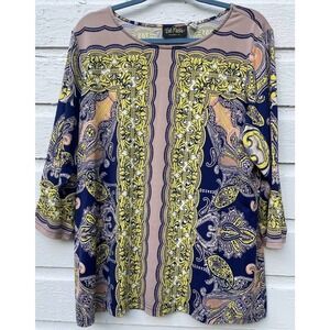 VTG BOB MACKIE Blouse Top 3/4 Sleeve Jersey Blue Yellow Paisley Artsy Scroll L